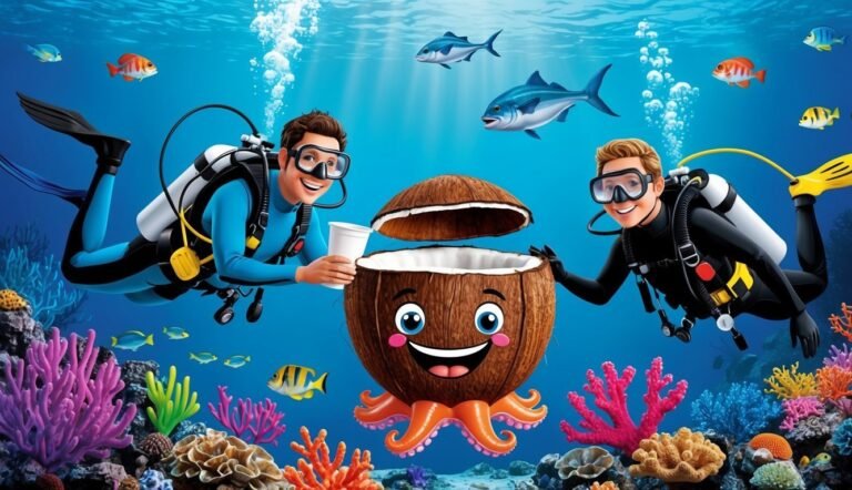Two scuba divers with a smiling coconut underwater with fish