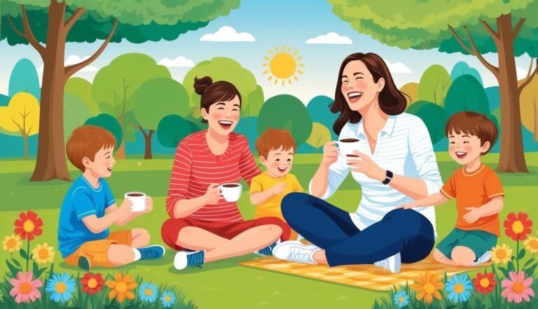 Two women and three children enjoying a picnic in a park
