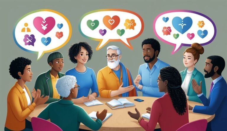 Diverse group of people in a meeting with thought bubbles of hearts