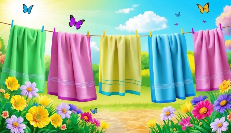 Colorful towels hanging on a clothesline with butterflies and flowers