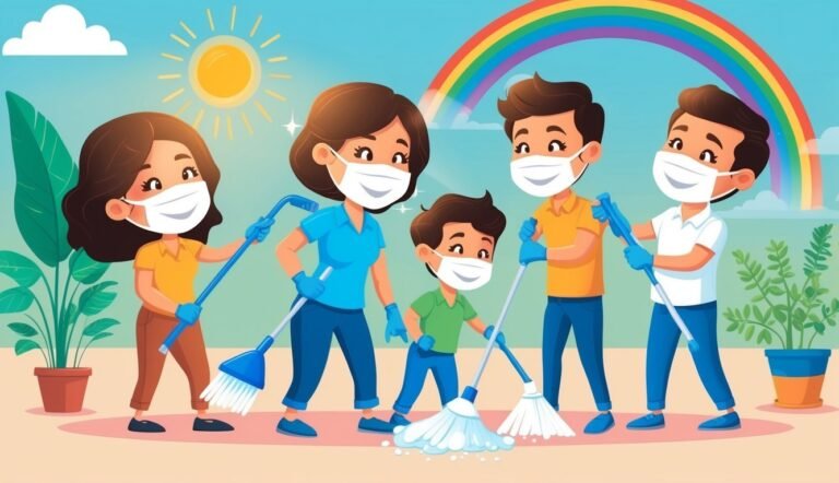 Family wearing masks cleaning with brooms and mops under a rainbow