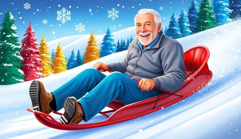 Smiling senior man sledding down a snowy hill with colorful trees