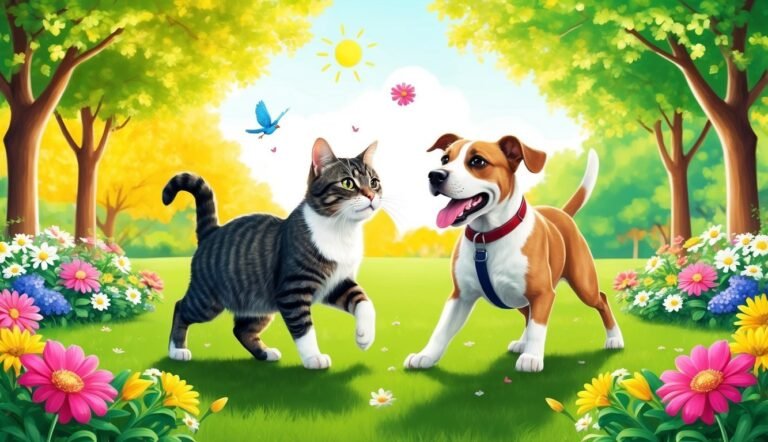 Cat and dog in a sunny park with flowers, bird, and trees
