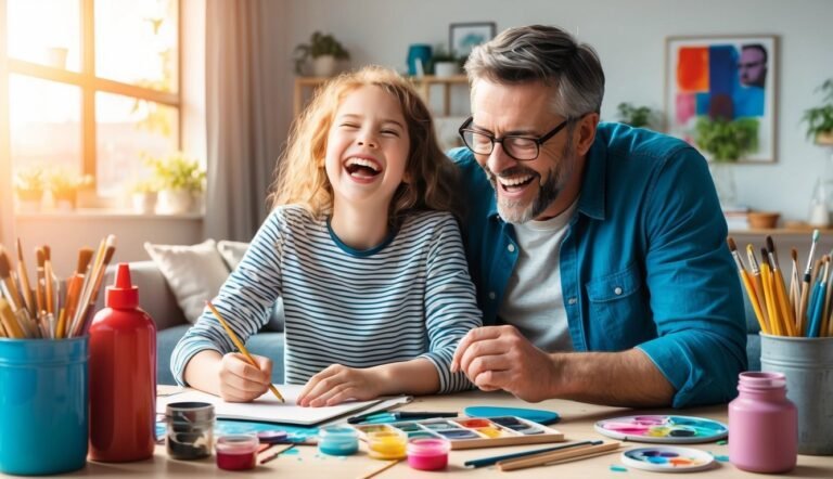 Father and daughter laughing while painting together at a table