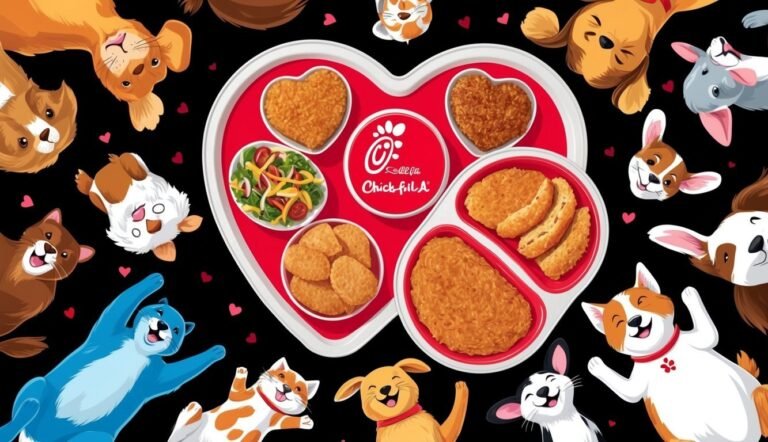Chick-fil-A meal in heart-shaped tray surrounded by cartoon animals