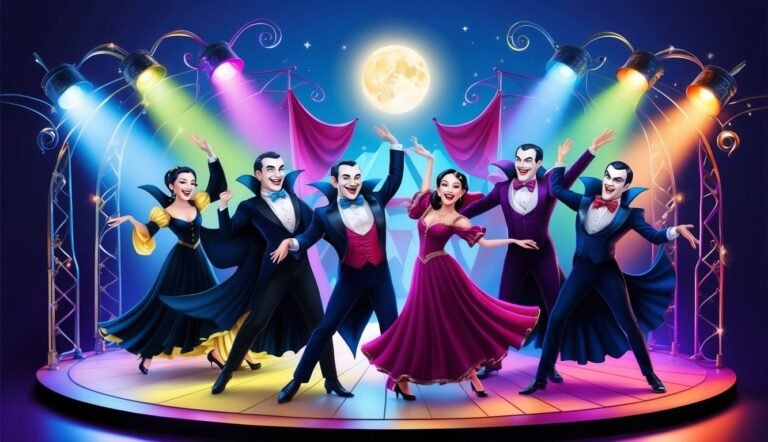 Cartoon vampires and women dancing on a stage with spotlights and moon