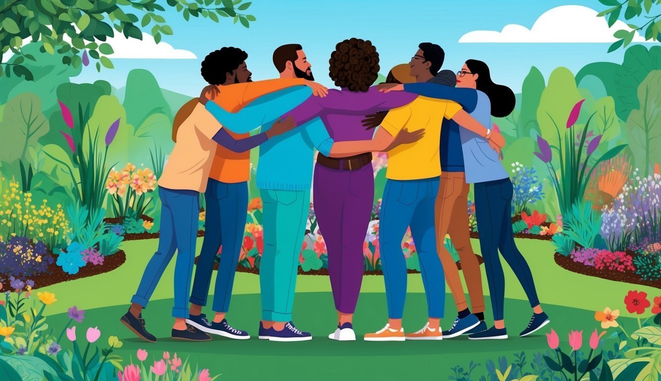 Diverse group of people embracing in a garden, celebrating friendship and unity