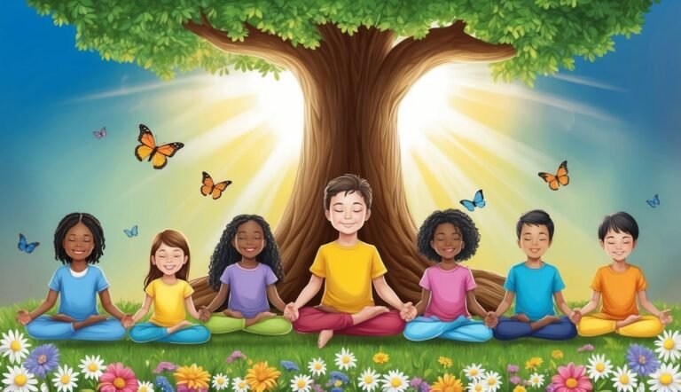 Children meditating under a tree with butterflies and flowers, sun shining