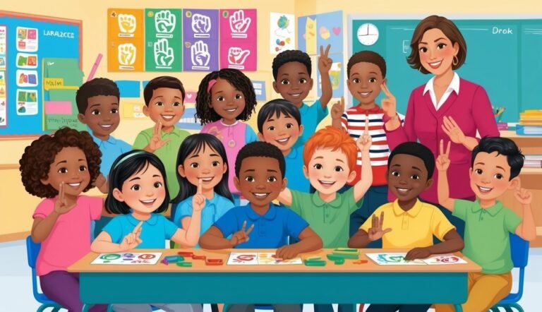 Diverse group of children and teacher in a classroom, using sign language