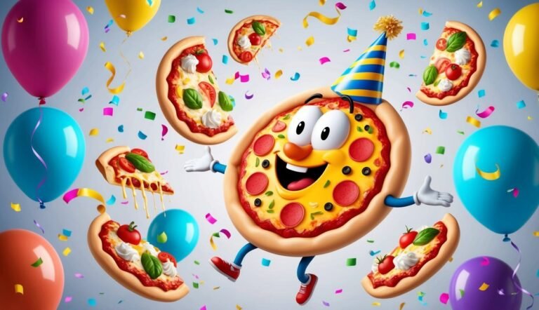 Animated pizza character with party hat, balloons, and confetti