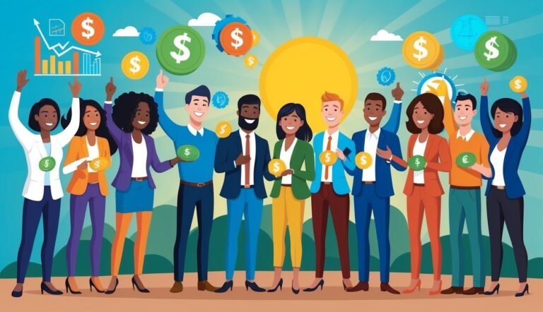 Diverse group of people celebrating financial success with dollar coins