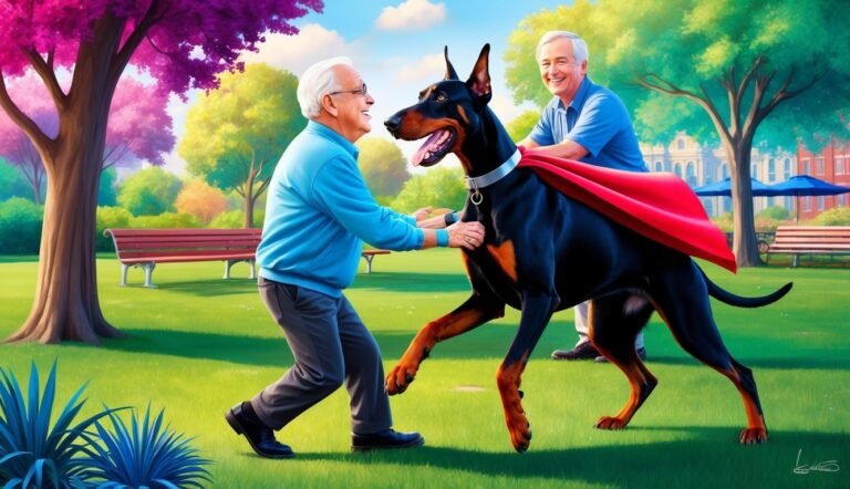 Two men and a Doberman with a cape in a park
