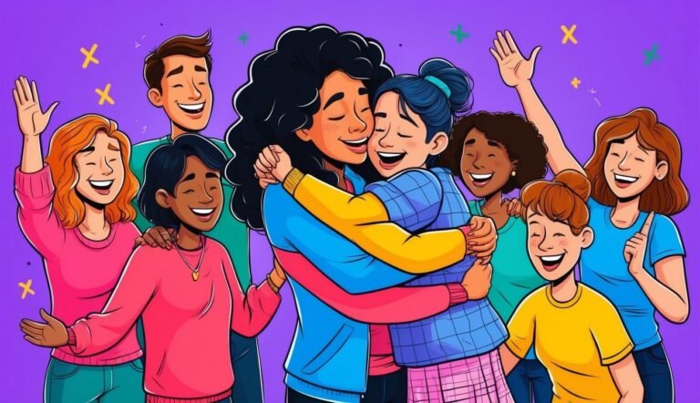 Group of diverse friends hugging and smiling on a purple background