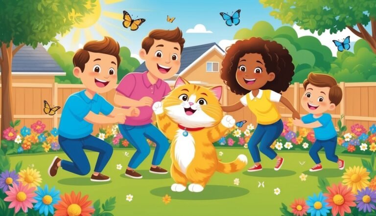 Four children and a cat playing in a garden with butterflies