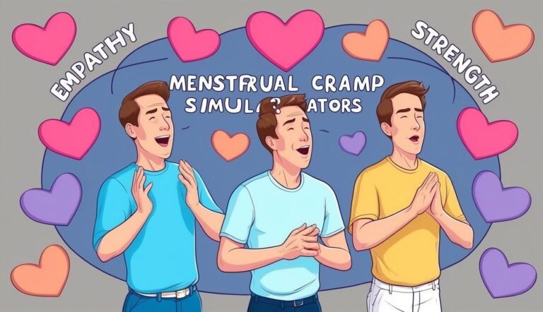 Three men with heart symbols, representing empathy and strength, menstrual cramp simulators