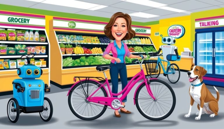 Woman with pink bike, robots, and dog in a grocery store