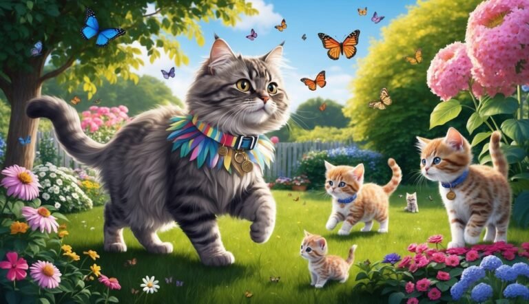 A large cat with kittens in a garden with butterflies and flowers