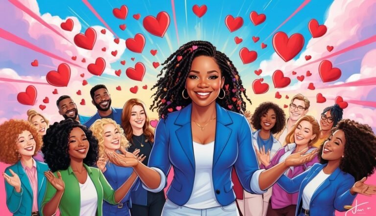 Smiling woman with group, hearts, and a bright sky background