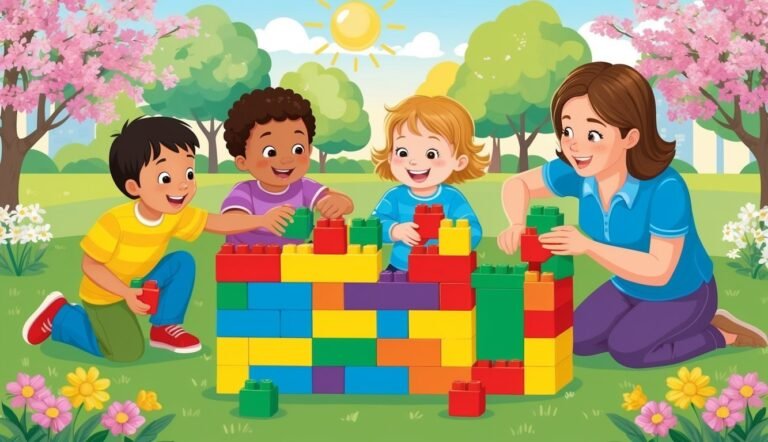 Children and a teacher building a wall with colorful toy blocks outside
