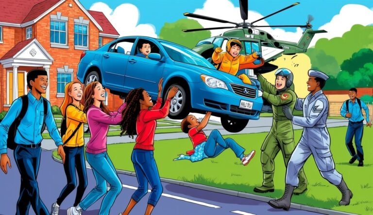 People lifting a car with helicopter in the background