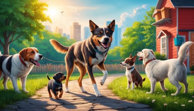 Five dogs walking on a path in a sunny neighborhood