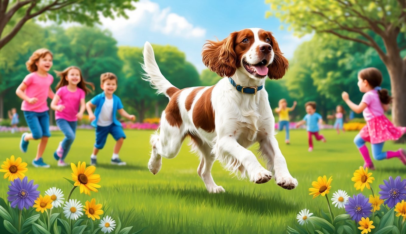 A happy dog runs in a park with children and flowers