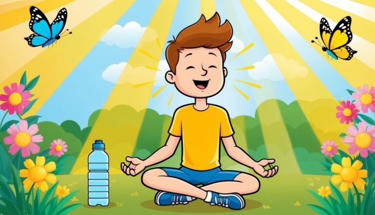 Cartoon boy meditating in nature, with butterflies, flowers, and sunlight