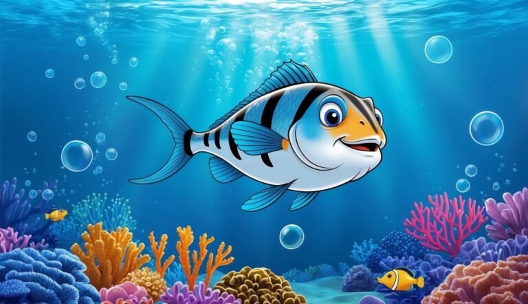 Cartoon fish swimming underwater with colorful coral and bubbles