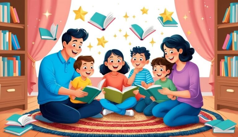 Family reading together in a cozy room with floating books and stars