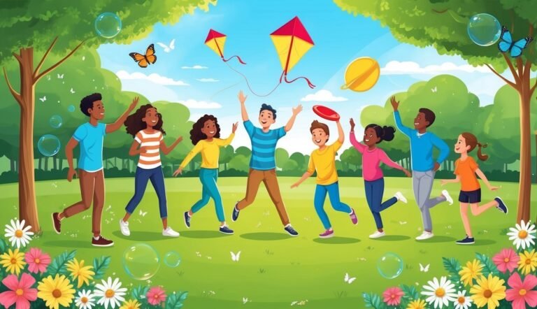 Group of children playing in a park with kites, frisbee, and bubbles