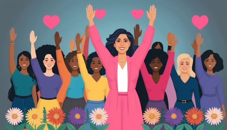 Diverse group of women with raised arms, hearts, and flowers