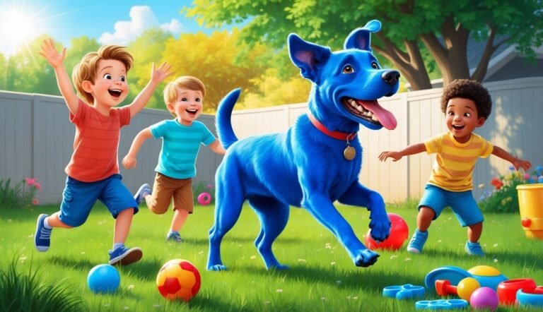 Three children and a blue dog playing in a backyard