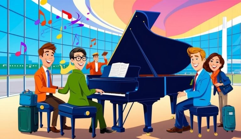 People playing a grand piano in an airport, with musical notes floating