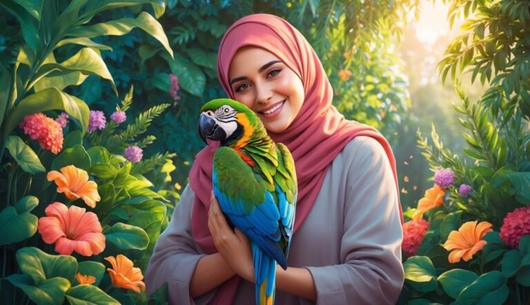 Woman in hijab smiling, holding a colorful parrot in a garden