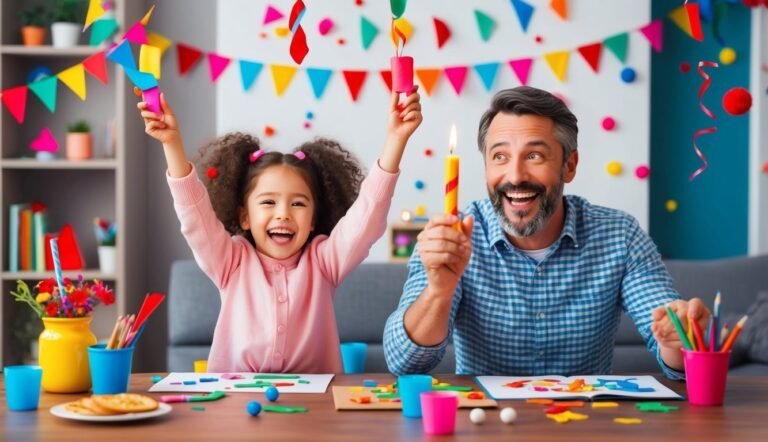 Father and daughter celebrating with party decorations and a lit candle
