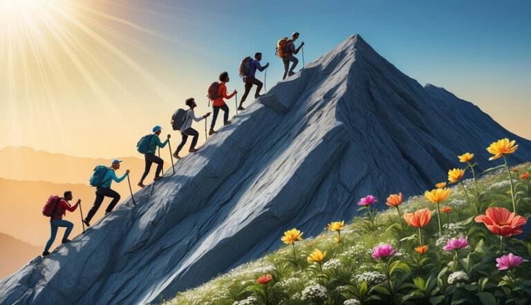 Hikers climbing a mountain, with flowers in the foreground and bright sunlight