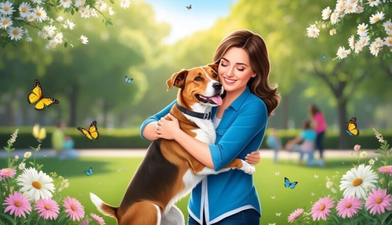 Woman hugging a dog in a park with flowers and butterflies