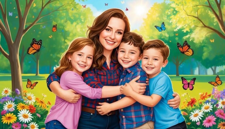 Mother and three children smiling and hugging in a sunny park with butterflies
