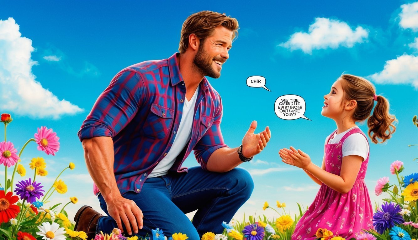 Chris Hemsworth and a girl in a flower field, talking