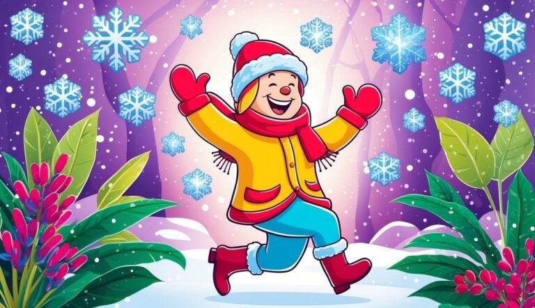 Cartoon child running in snow, surrounded by snowflakes and plants