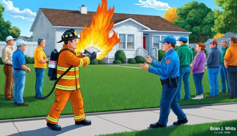 Firefighter holding a tablet with flames, police officer, and onlookers in front of a house