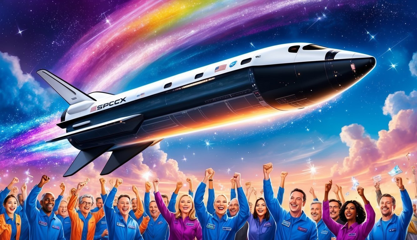 SpaceX spacecraft soaring above cheering team members in space