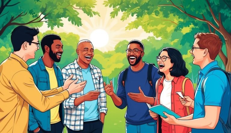 Group of friends laughing together in a park, sunny day