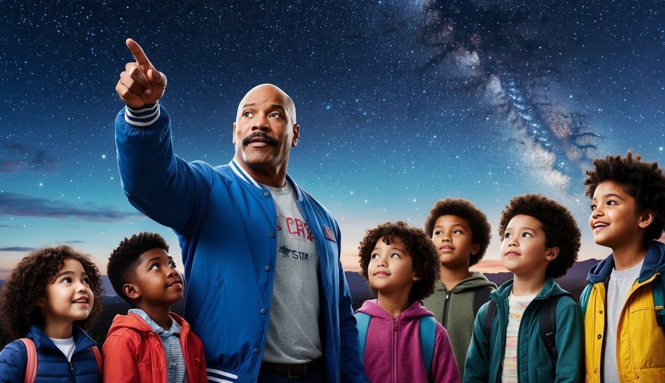 Man points to stars with children looking up at night sky