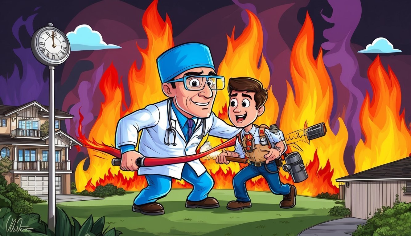 Cartoon doctor and boy fighting a house fire with a hose