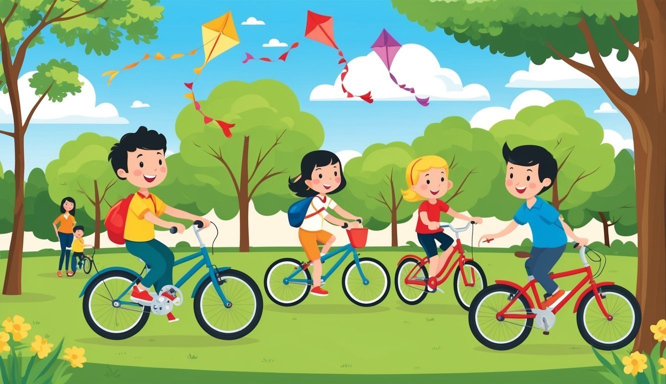 Children riding bikes in a park with kites flying in the sky