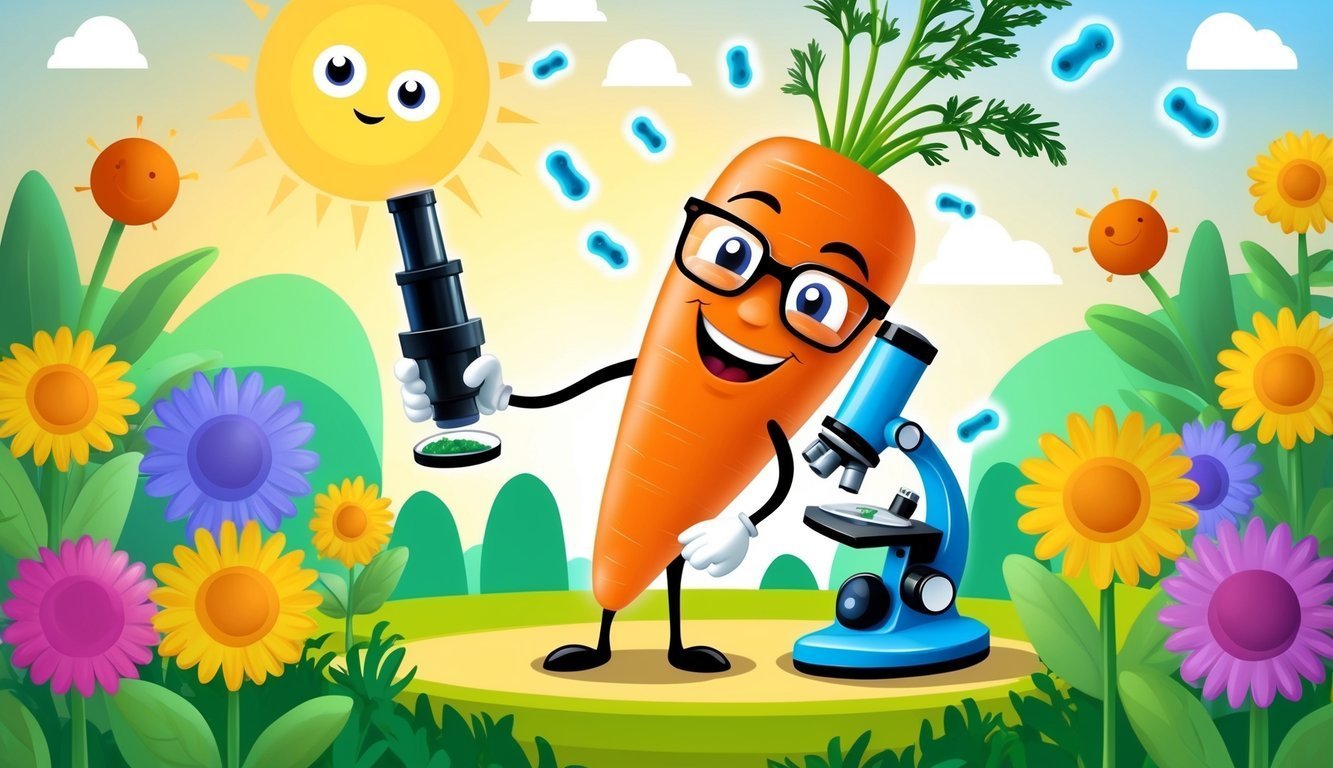 Cartoon carrot with glasses using a microscope in a garden setting