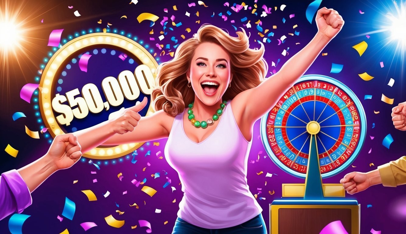 Woman celebrates winning $50,000 with a roulette wheel and confetti