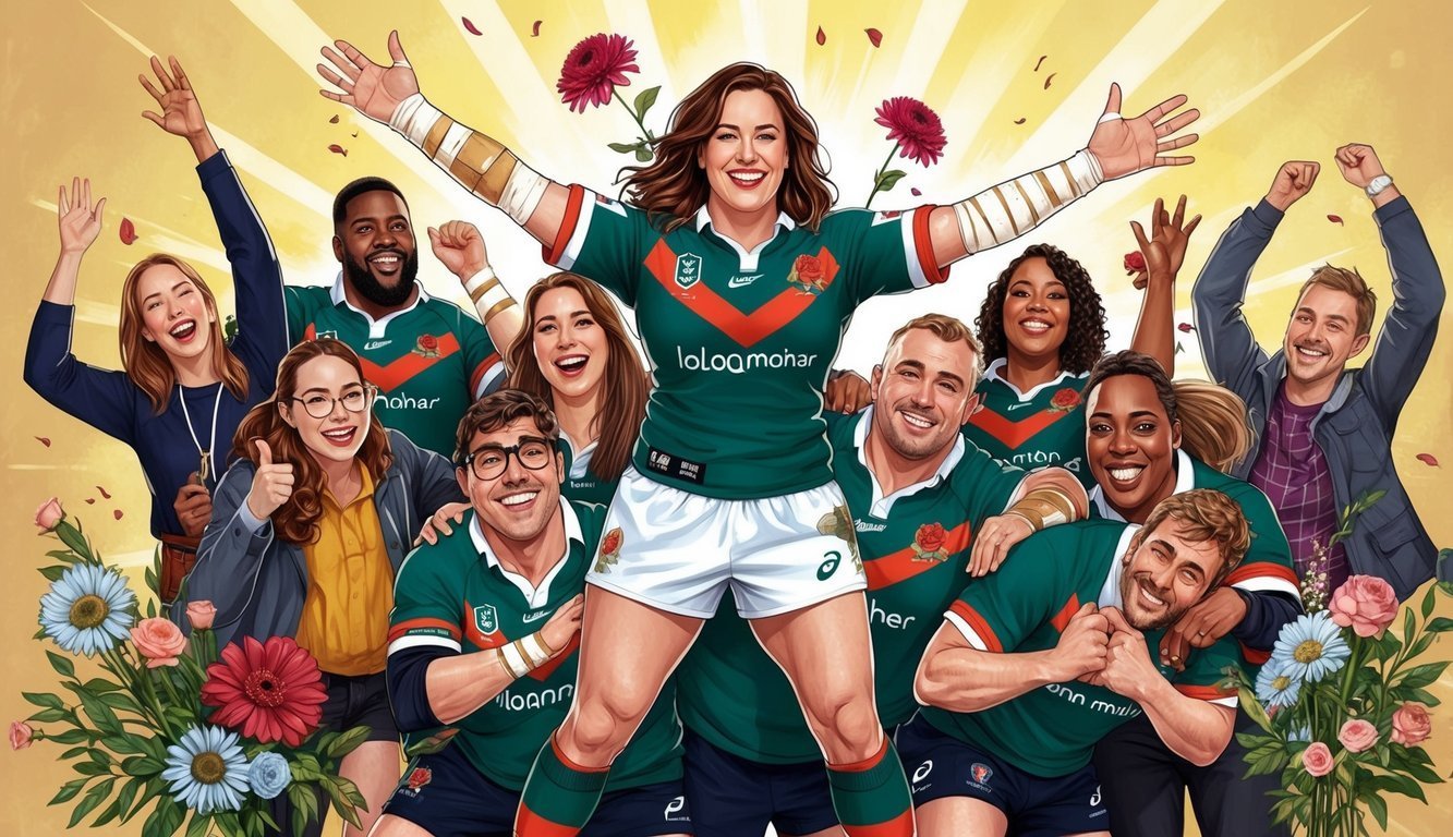 A team of rugby players celebrating a victory, surrounded by flowers
