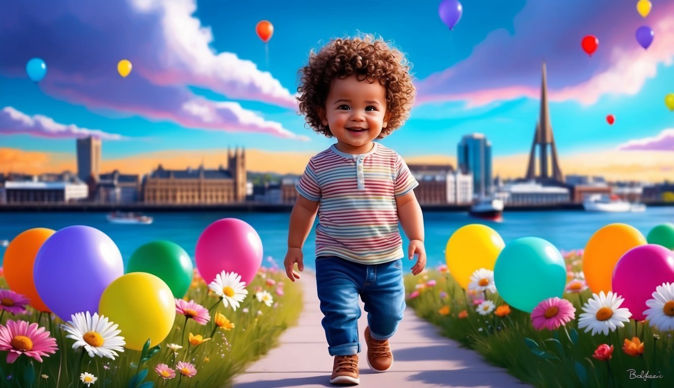 Smiling toddler walks toward the viewer, balloons and flowers in a city landscape
